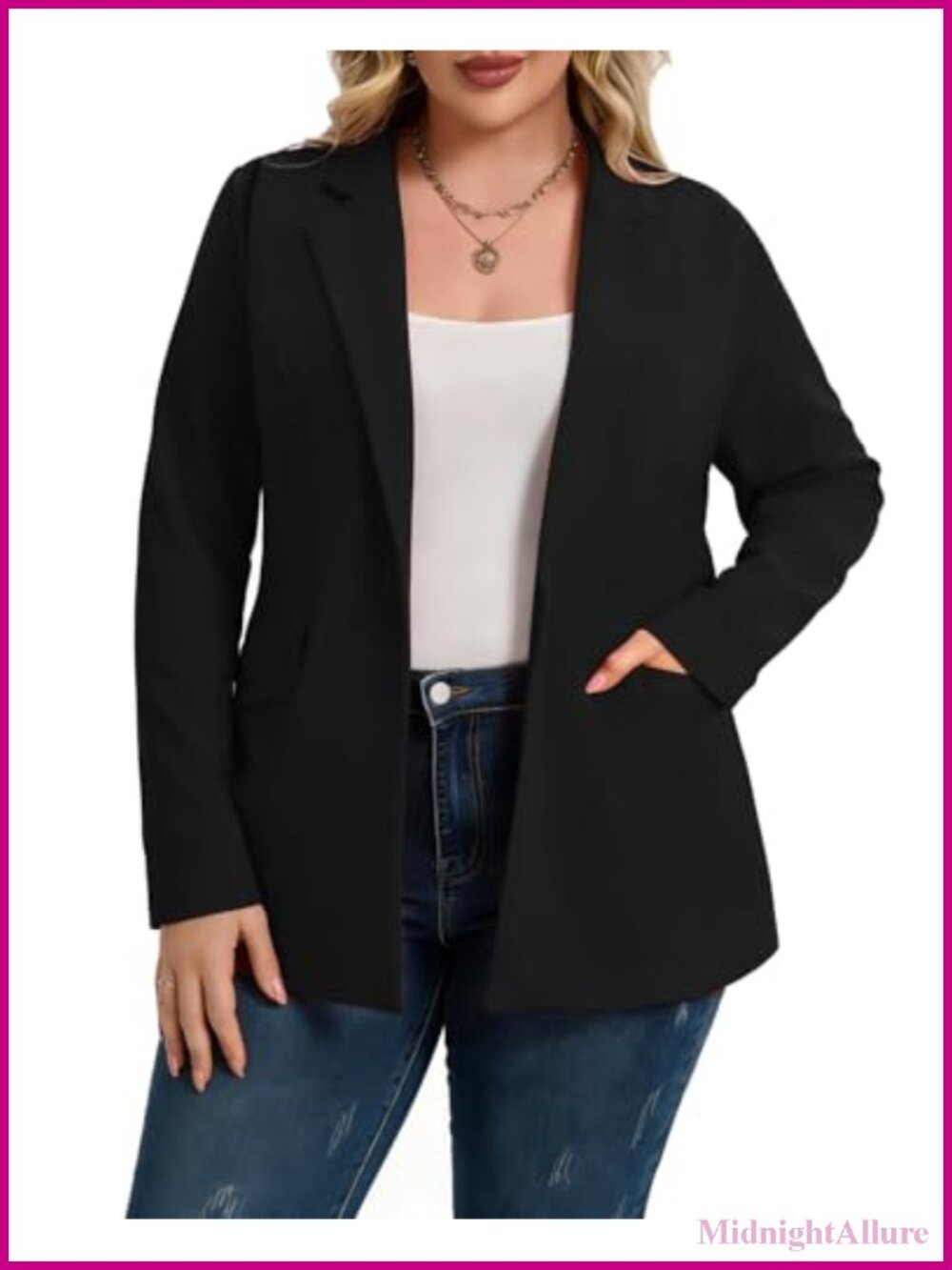 Plus Size Stretch Knit Blazer Long Sleeve Open Front Button Suit Jacket Pockets